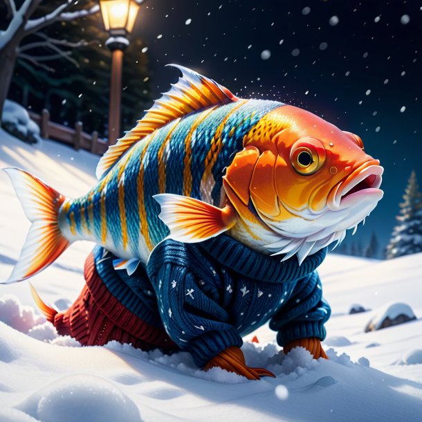 Drawing of a fish in a sweater in the snow