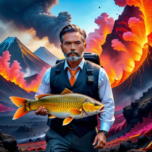 Photo of a carp in a vest in the volcano