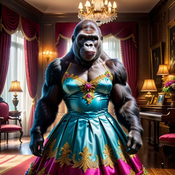 Picture of a gorilla in a dress in the house