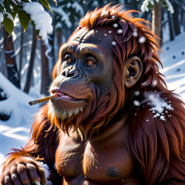 Photo of a smoking of a orangutan in the snow