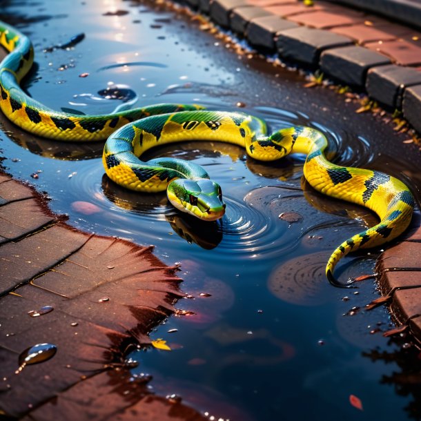 Image of a snake in a jeans in the puddle