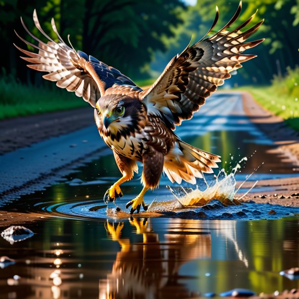 Image of a jumping of a hawk in the puddle