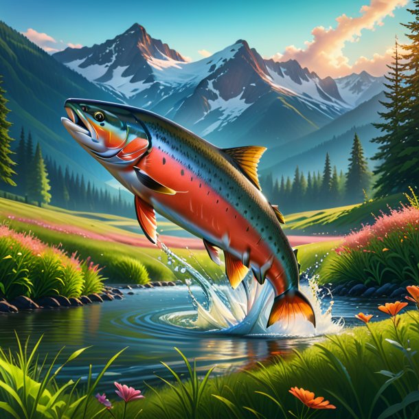 Image of a dancing of a salmon in the meadow