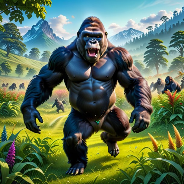 Image of a dancing of a gorilla in the meadow