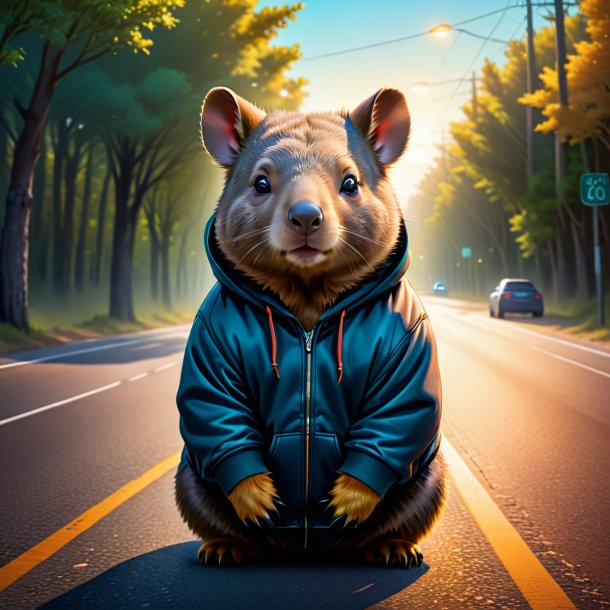 Desenho de um wombat em um hoodie na estrada