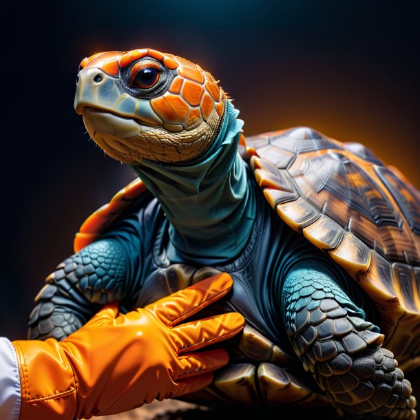 Picture of a tortoise in a orange gloves