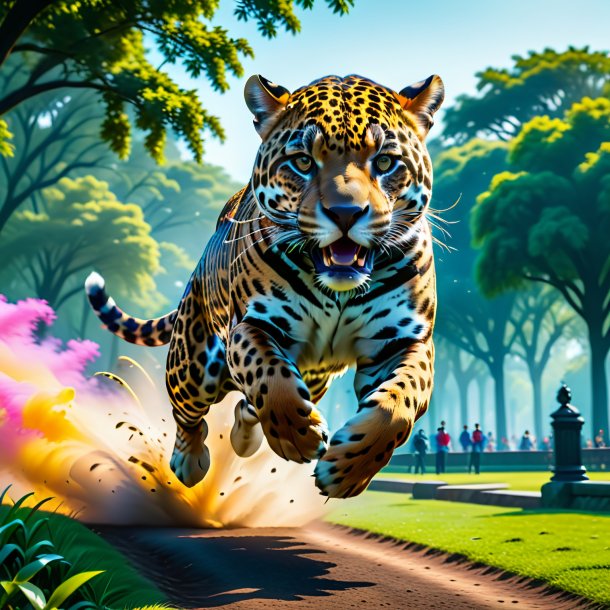 Image of a jumping of a jaguar in the park