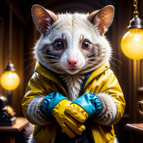 Photo d'un opossum dans un gants jaune