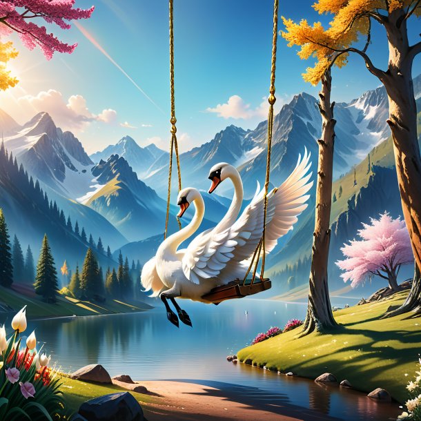 Image of a swinging on a swing of a swan in the mountains