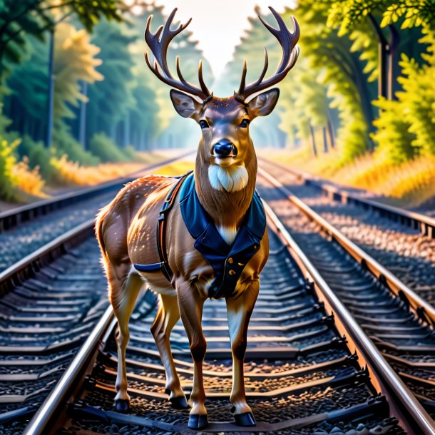 Imagem de um veado em um colete nos trilhos ferroviários