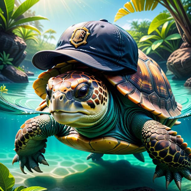 Drawing of a tortoise in a cap in the water