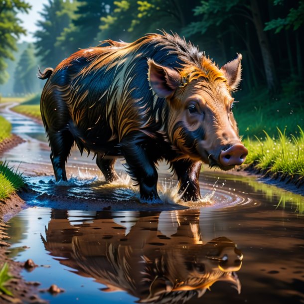 Pic of a swimming of a boar in the puddle