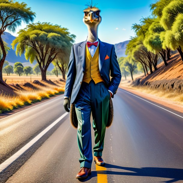 Image of a emu in a trousers on the road