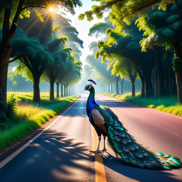 Photo of a waiting of a peacock on the road