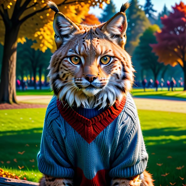 Photo of a lynx in a sweater in the park