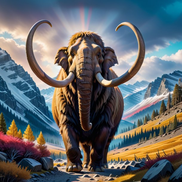 Image of a mammoth in a coat in the mountains