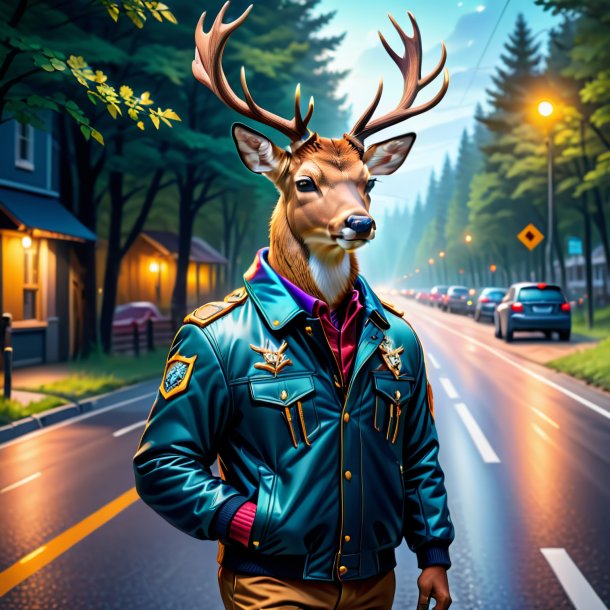 Illustration of a deer in a jacket on the road