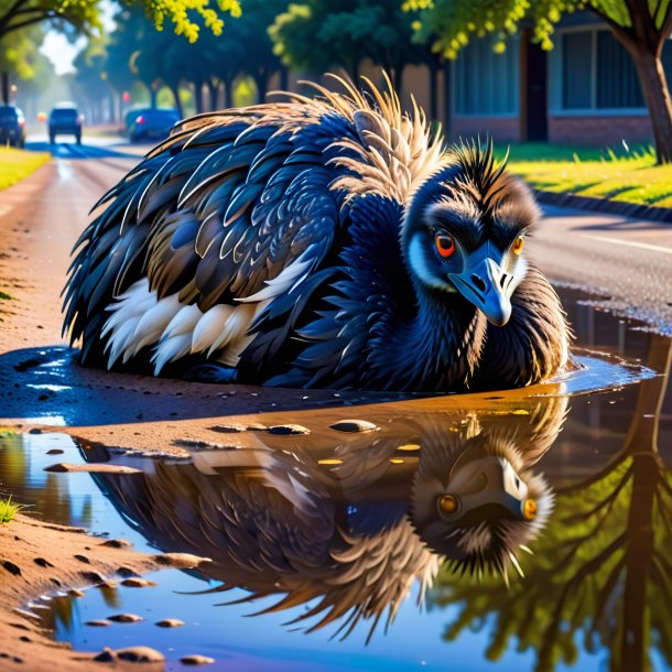 Picture of a resting of a emu in the puddle