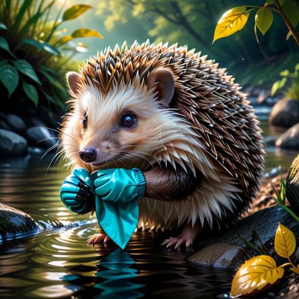 Drawing of a hedgehog in a gloves in the river