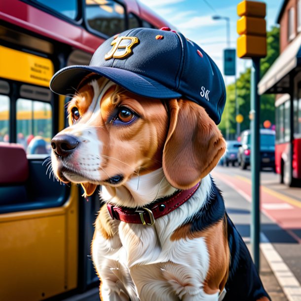 Pic d'une beagle dans une casquette sur l'arrêt de bus