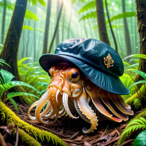 Picture of a cuttlefish in a cap in the forest