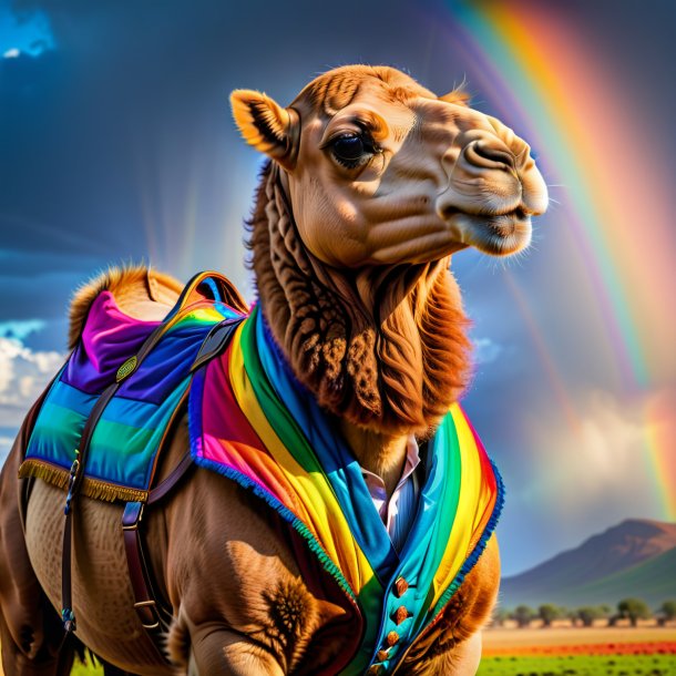 Foto de un camello en un chaleco en el arco iris