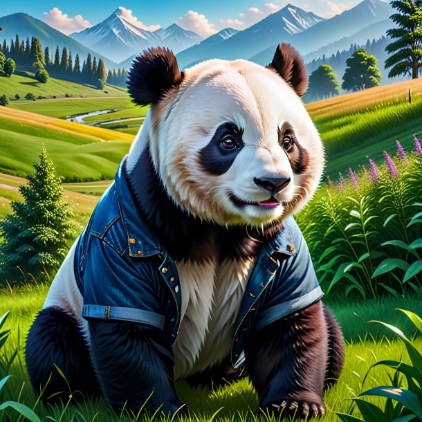 Foto de um panda gigante em um jeans no prado