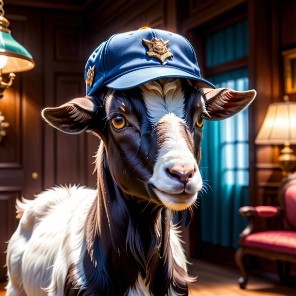 Pic of a goat in a cap in the house