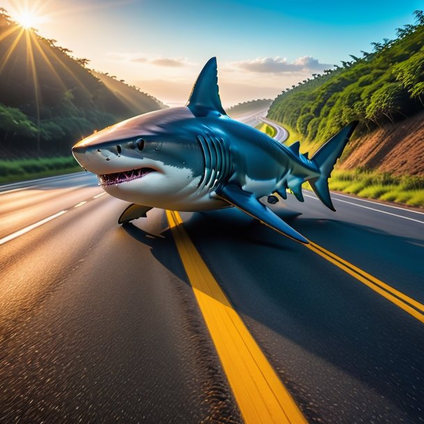 Image of a shark in a belt on the road