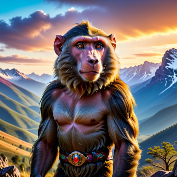 Image of a baboon in a belt in the mountains