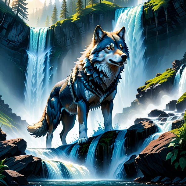 Desenho de um lobo em um jeans na cachoeira