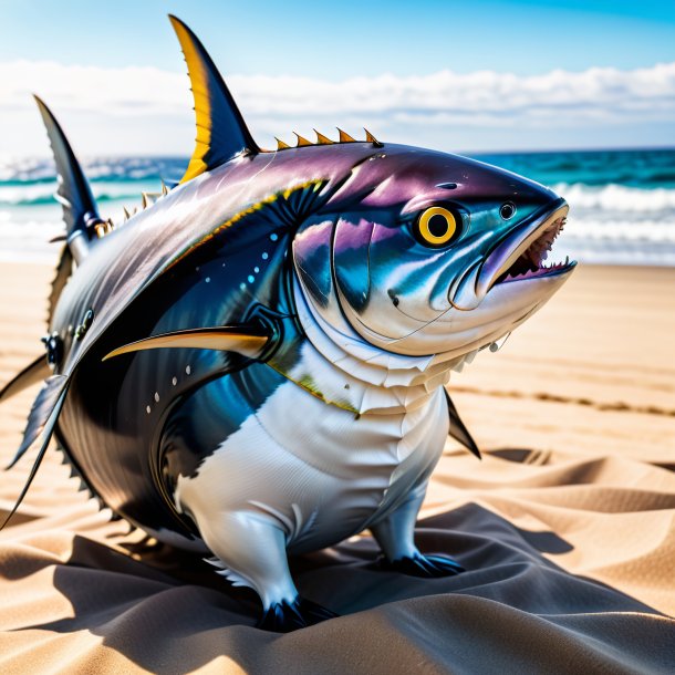 Image of a tuna in a coat on the beach