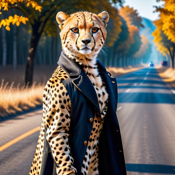 Image of a cheetah in a coat on the road