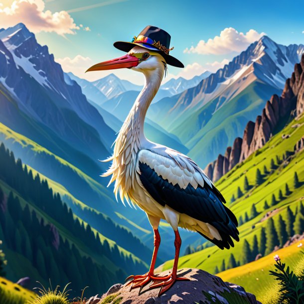 Pic d'une cigogne dans un chapeau dans les montagnes