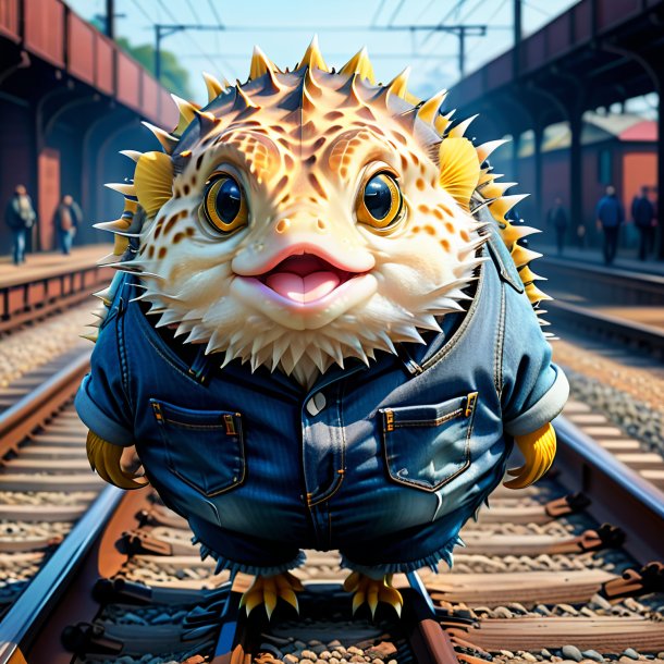 Illustration of a pufferfish in a jeans on the railway tracks