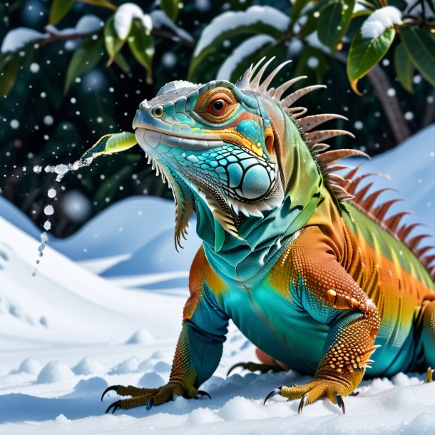 Photo of a drinking of a iguana in the snow