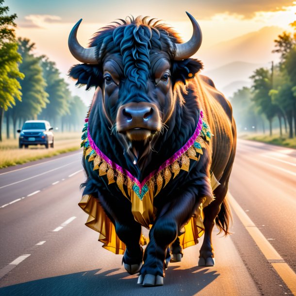 Retrato de um búfalo em um vestido na estrada