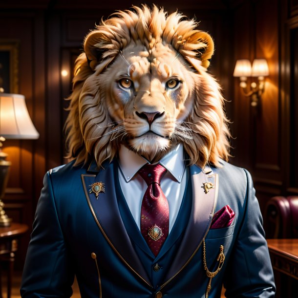 Photo of a lion in a jacket in the house