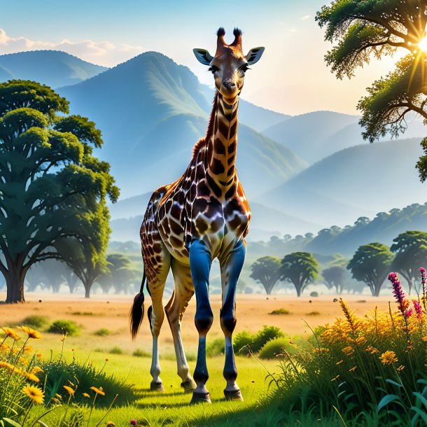 Pic d'une girafe dans un jean dans la prairie