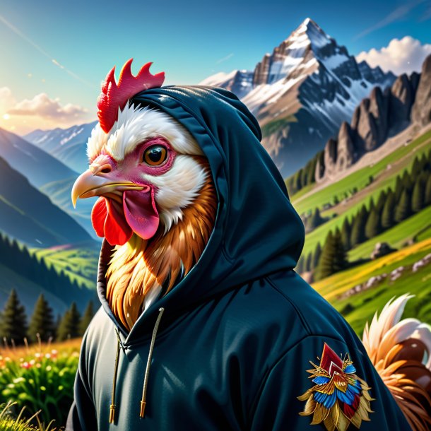 Picture of a hen in a hoodie in the mountains