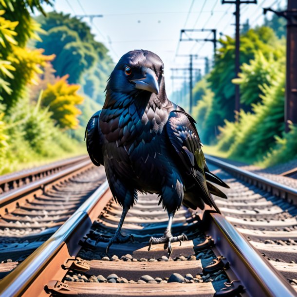 Foto de uma natação de um corvo nos trilhos ferroviários