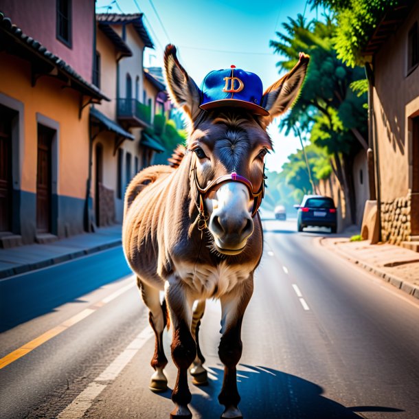 Foto de um burro em um boné na estrada