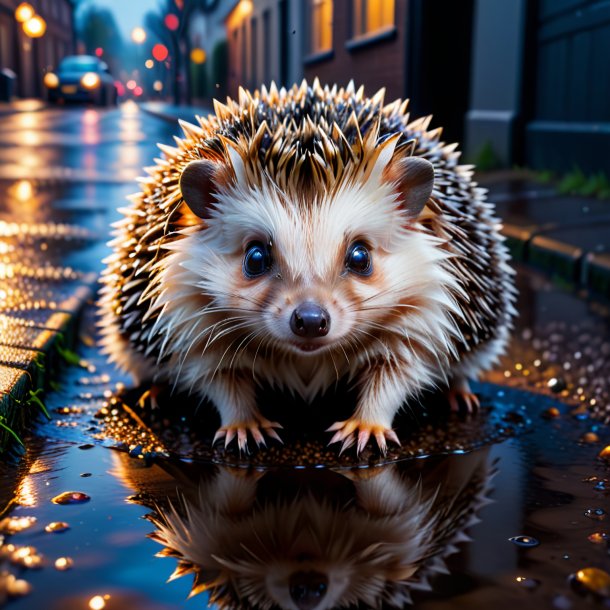 Picture of a hedgehog in a gloves in the puddle