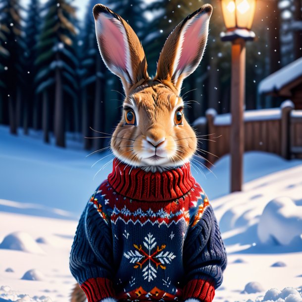 Picture of a hare in a sweater in the snow