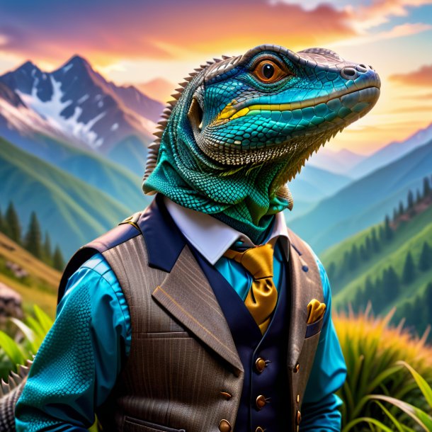 Photo of a monitor lizard in a vest in the mountains