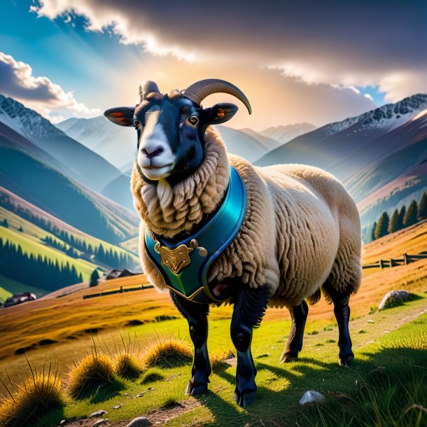 Photo of a sheep in a belt in the mountains