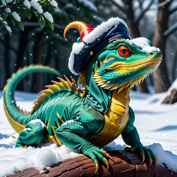 Foto de um basilisk em um boné na neve