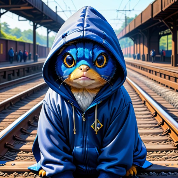 Desenho de um tang azul em um hoodie nos trilhos ferroviários