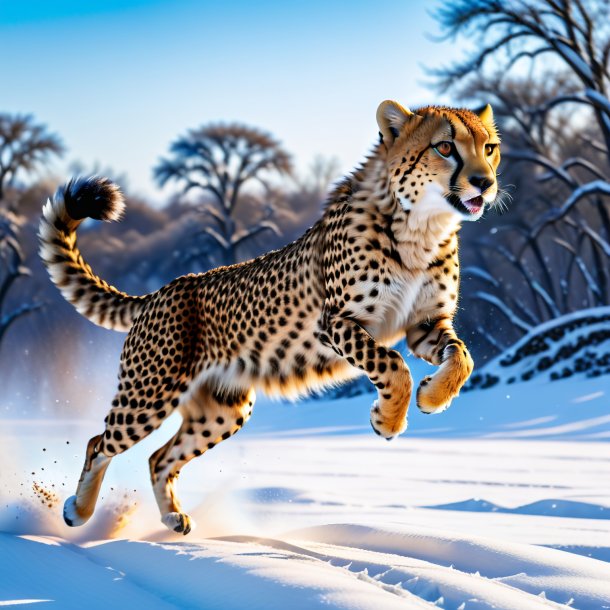 Pic of a jumping of a cheetah in the snow