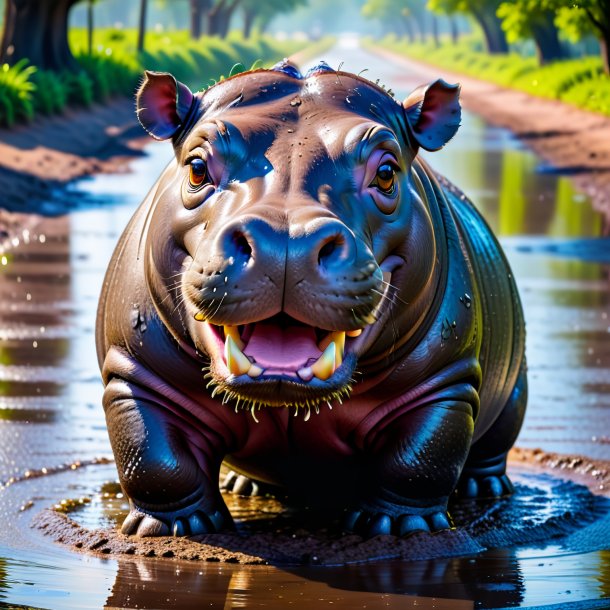 Photo of a smiling of a hippopotamus in the puddle